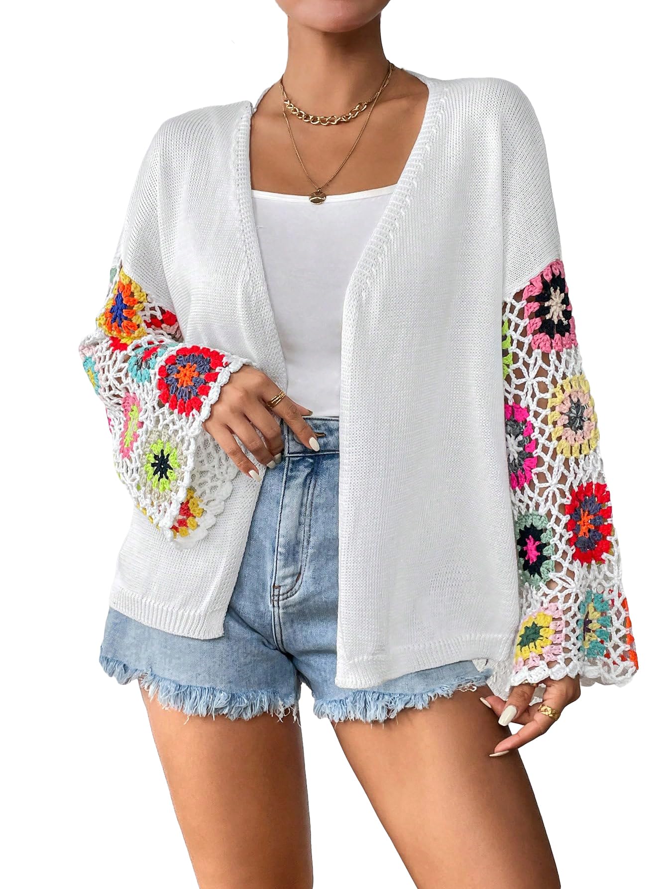 COZYEASE Womens Floral Crochet Long Sleeve Drop Shoulder Open Front Cardigan Sweater White Large