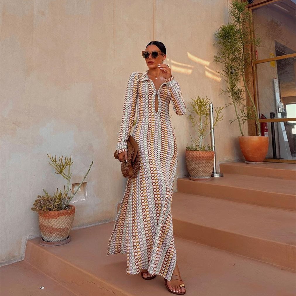 Handmade Crochet Hollow-out V-neck Long Dress for Women