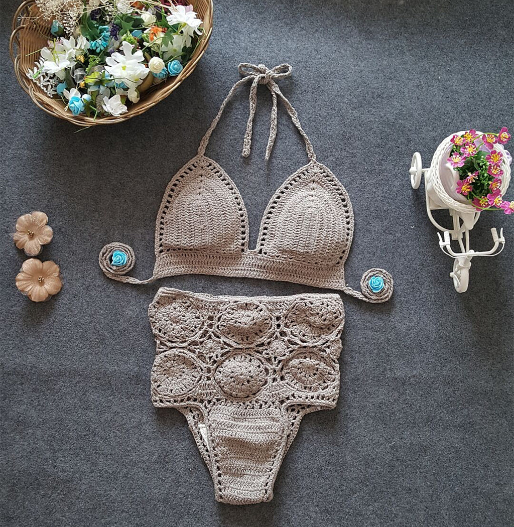 High-Waisted Solid Color Crochet Bikini Set