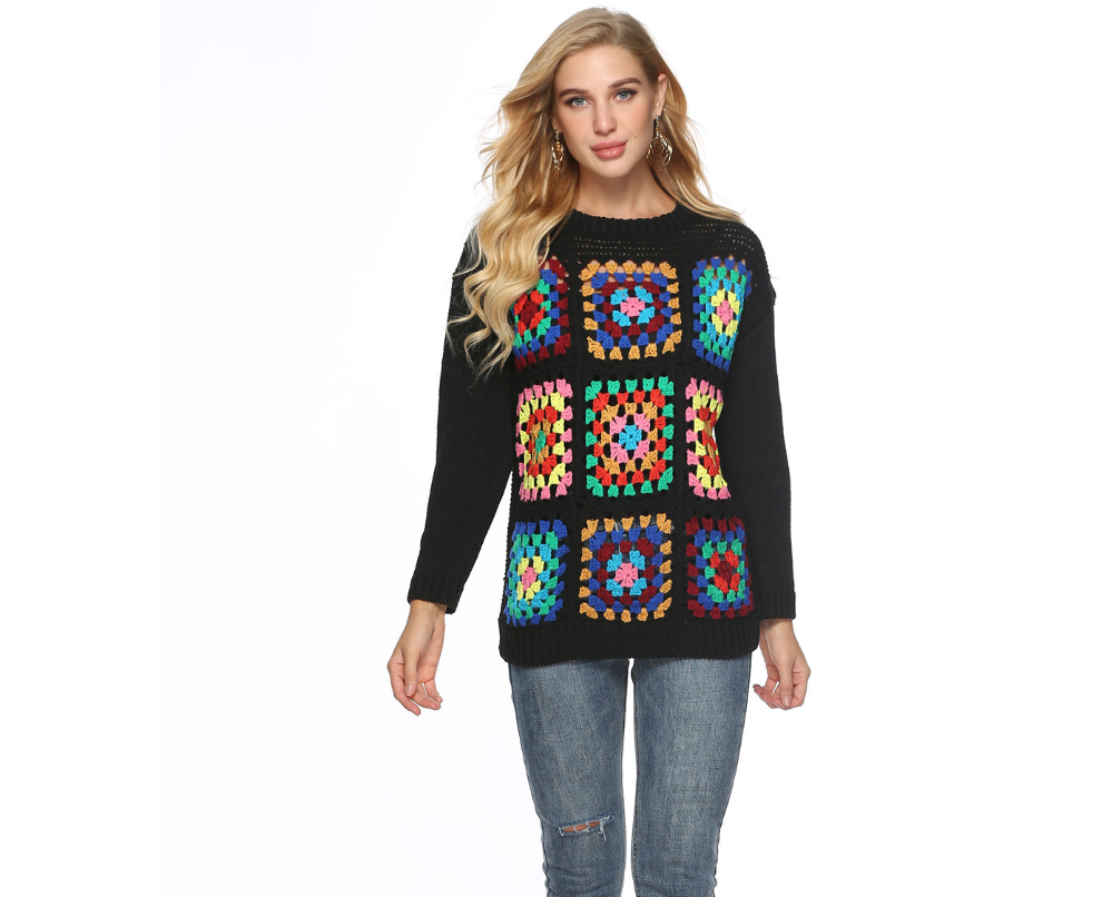 Sweater with Color Block Knitting and Crochet Design