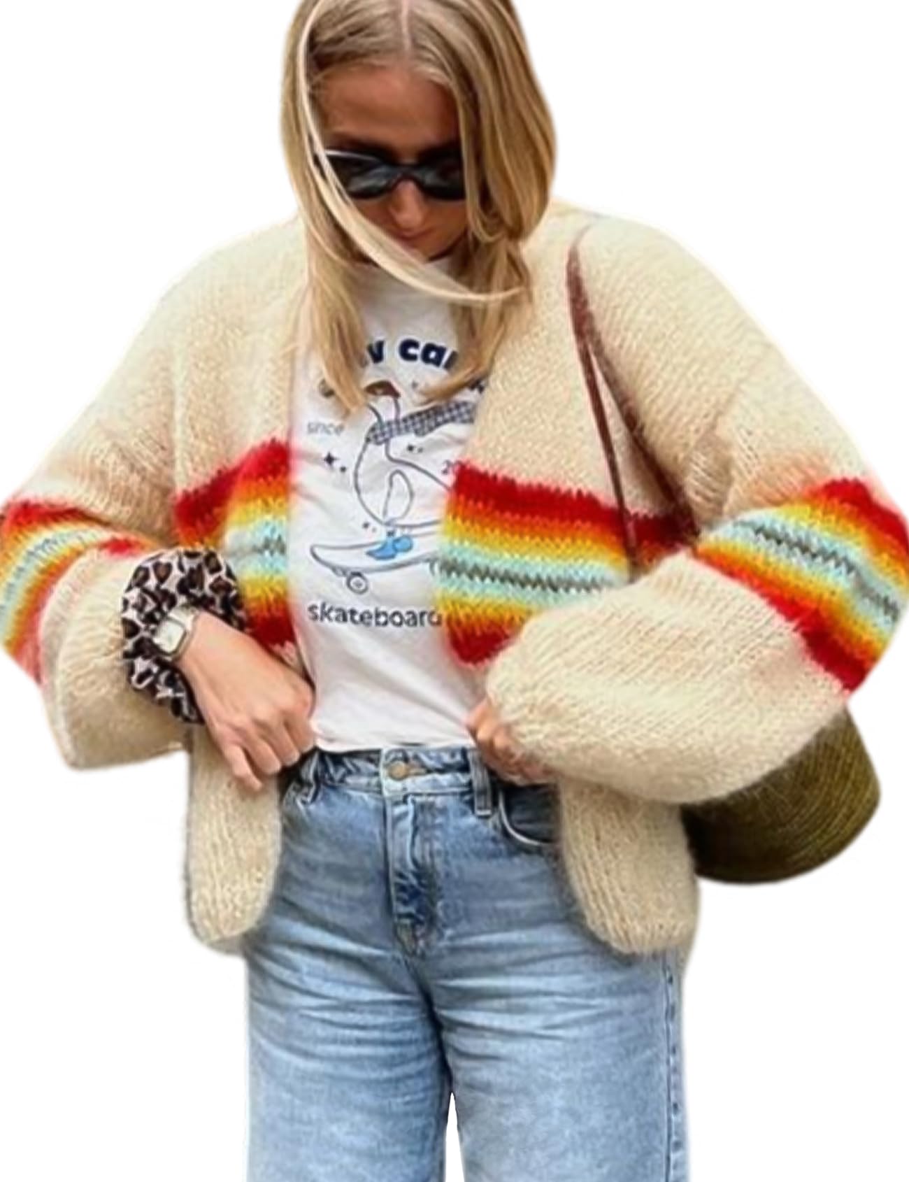 Wyeysyt Womens Crochet Sweater Cardigans Striped Color Block Open Front Knit Sweater Top(Apricot-S)