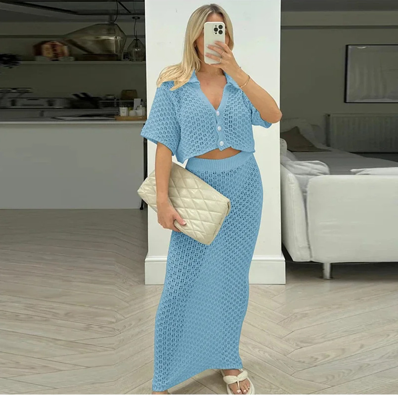 Knitted Crochet Two-Piece Skirt Set – Multi-Color Cardigan & Skirt