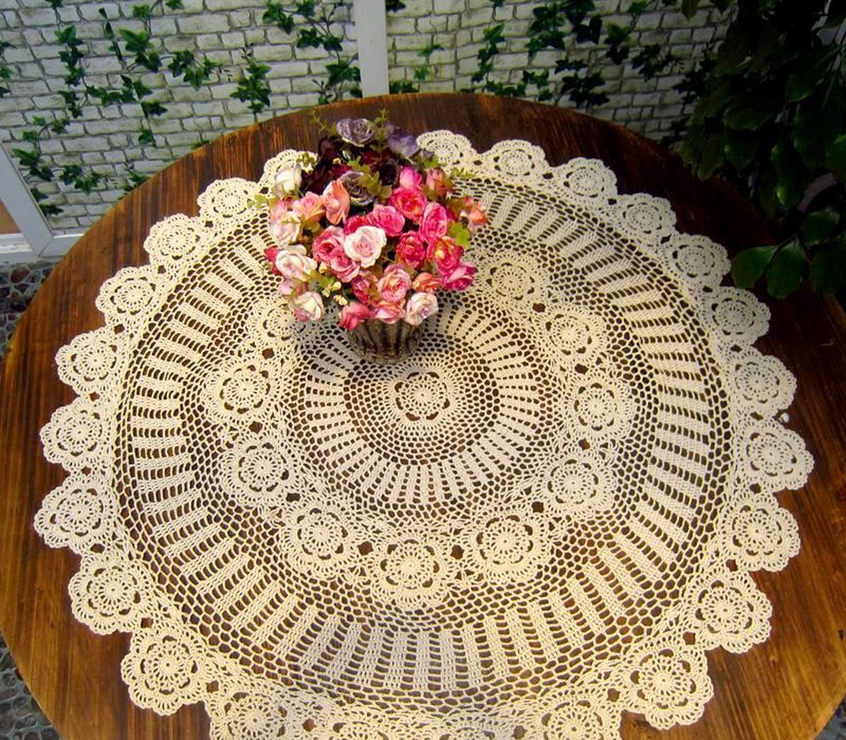 Damanni Beige Cotton Handmade Crochet Lace Tablecloth Doilies Table OverlayRound43 Inch