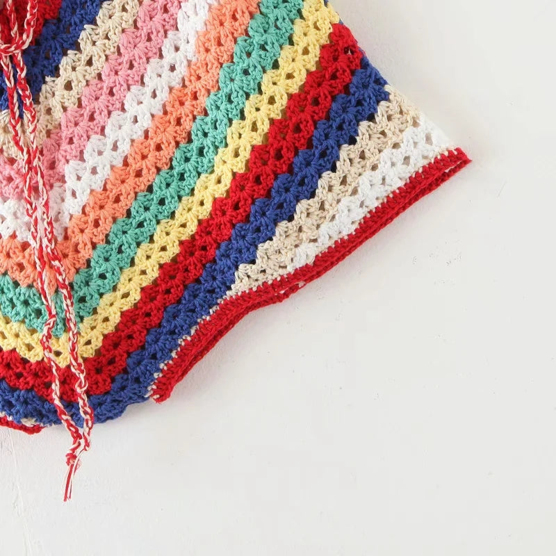Colorful Striped Crochet Top and Shorts Set for Women