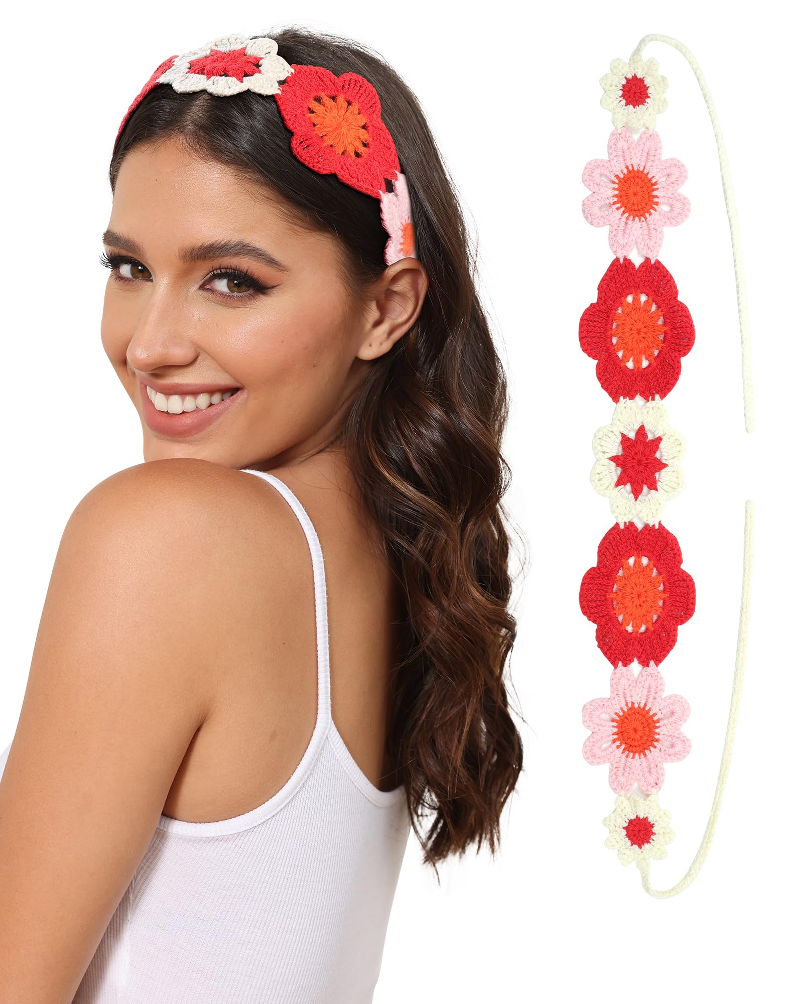 AWAYTR Crochet Headbands for Women Hippie Headband Bandana Tie-Back Knit Headband for Girls Wide Head Bands Floral Crochet Headwrap (Red + Pink)