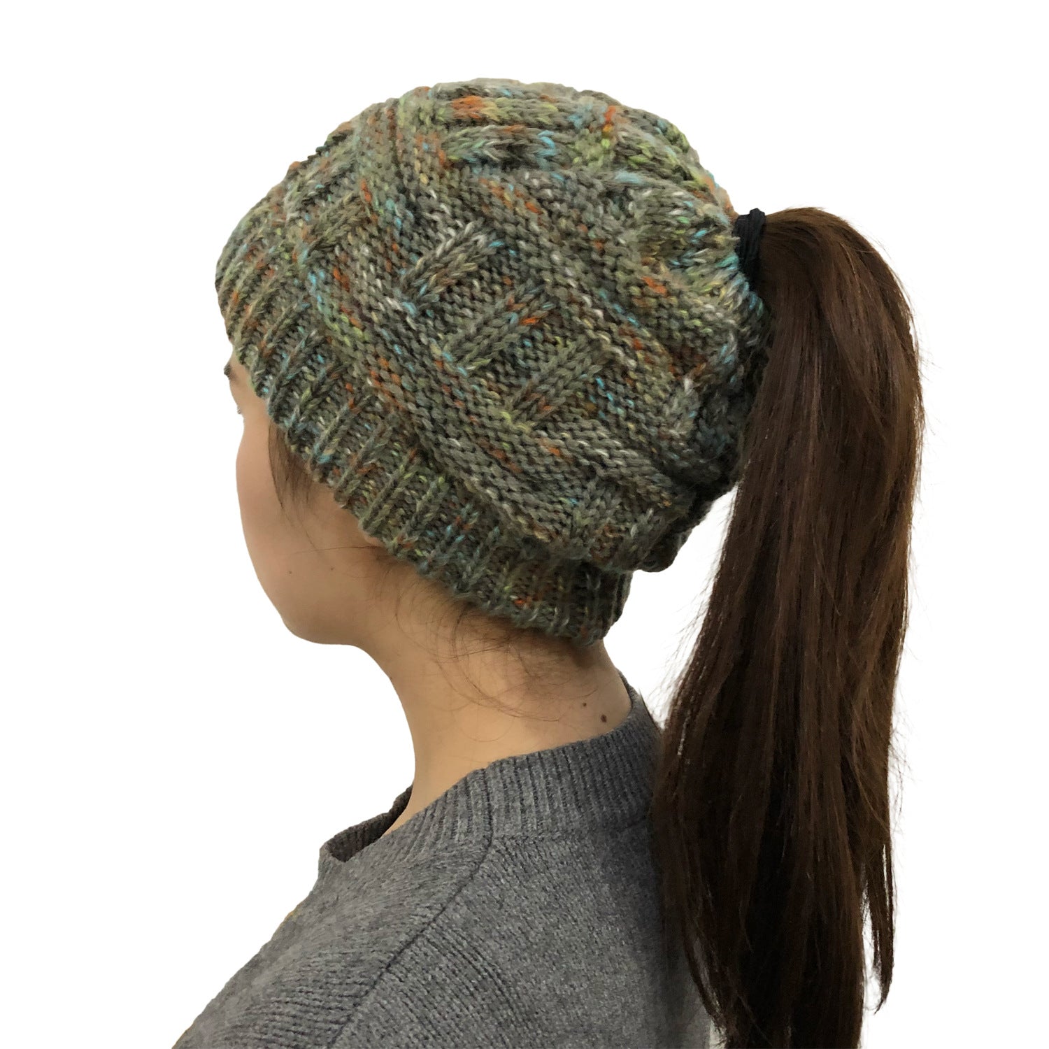 Colorful Bamboo Knit Ponytail Beanie Hat