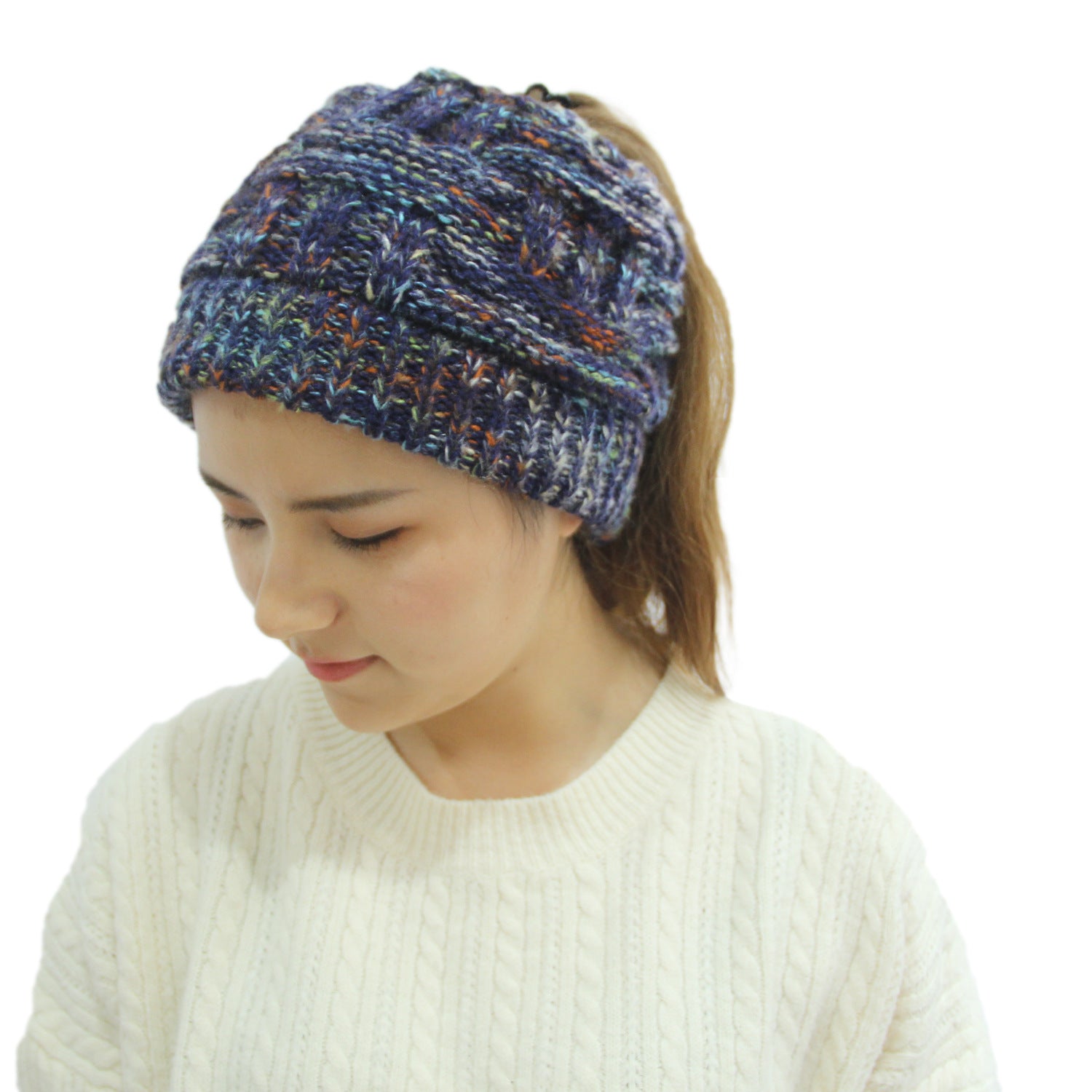 Colorful Bamboo Knit Ponytail Beanie Hat