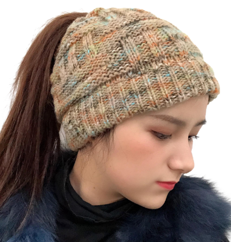 Colorful Bamboo Knit Ponytail Beanie Hat
