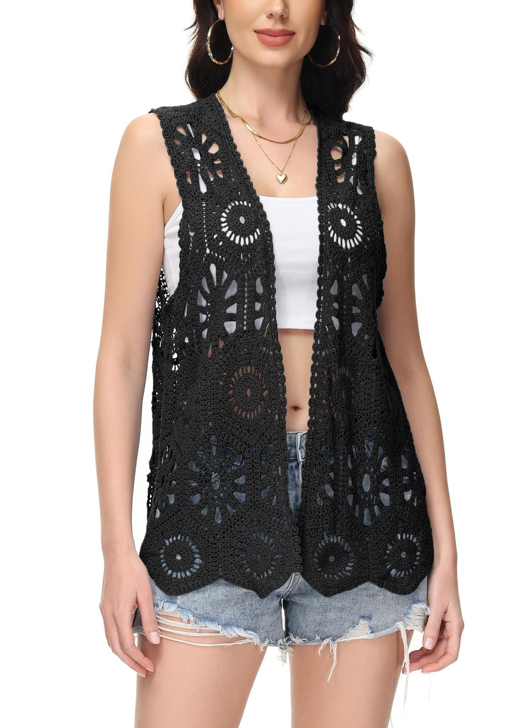 Anna-Kaci Crochet Vest Sleeveless Boho Lace Cardigan Stylish and Cute Cover Up Large Black