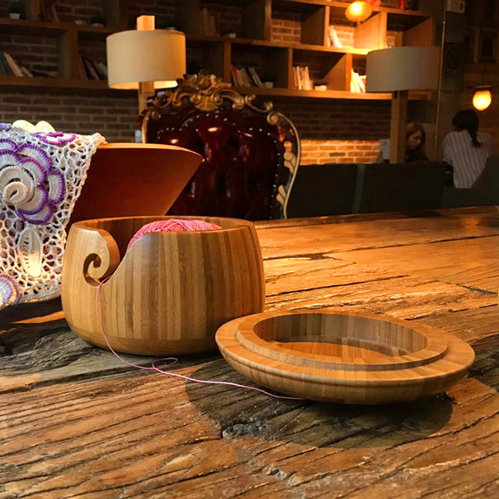 Handmade Wooden Yarn Bowl with Lid for Crochet Storage