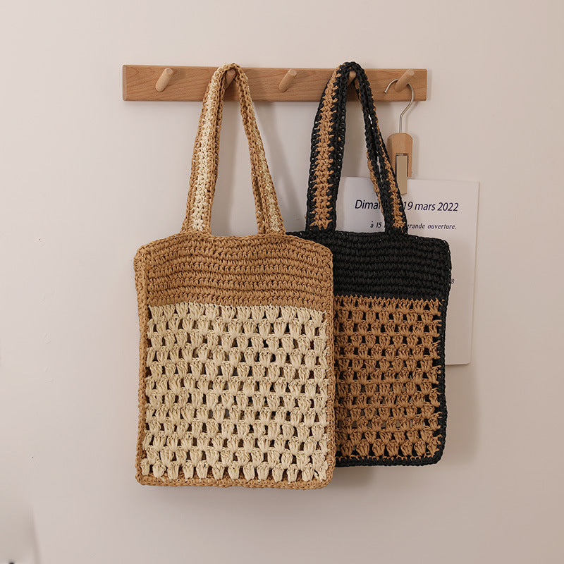 Hollow Out Crochet One Shoulder Straw Bag in Color Match