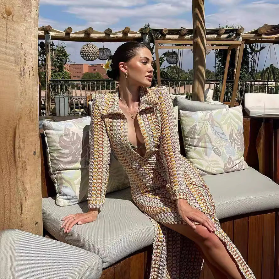 Handmade Crochet Hollow Beach Dress with V-Neck (HY066)