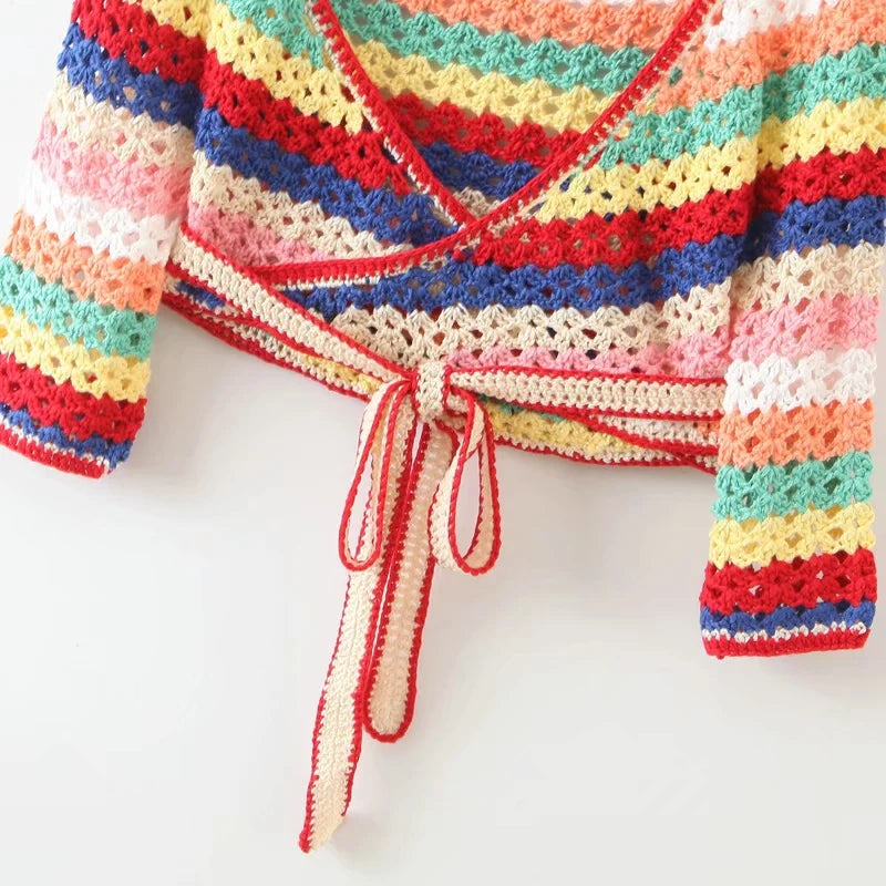 Colorful Striped Crochet Top and Shorts Set for Women