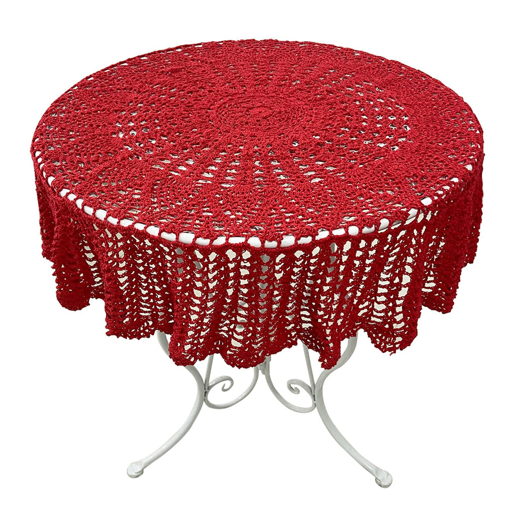 USTIDE Crochet Round Tablecloth Red Lace Table Cover Doily Floral Crochet Table Topper for Coffee Table End Table 39 Inches