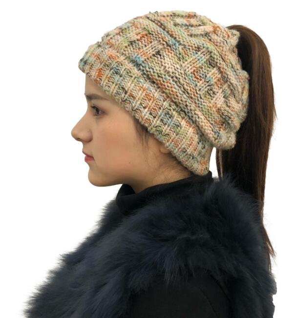 Colorful Bamboo Knit Ponytail Beanie Hat