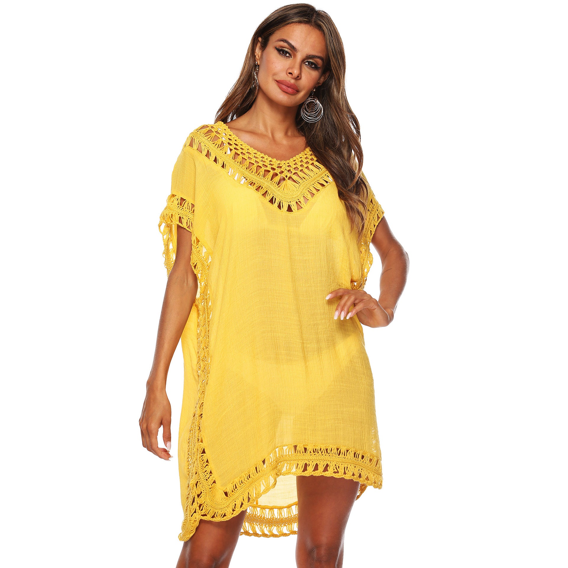 Solid Color V-Neck Crochet Beach Cover-Up Dress A1965