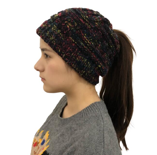 Colorful Bamboo Knit Ponytail Beanie Hat