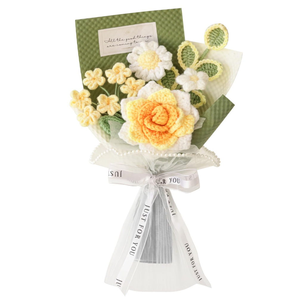Piklado Hand-Woven Flower Bouquet Finished（1pcs） for Mothers Day Girlfriend Birthday Gift Wedding Decoration Crochet Artificial Flower Bouquet Gift (Yellow)