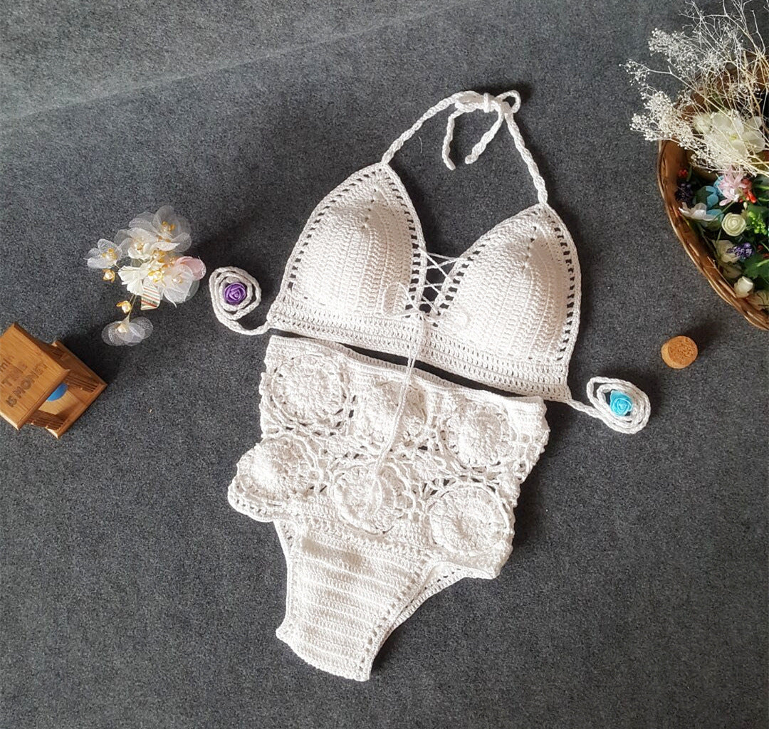 High-Waisted Solid Color Crochet Bikini Set