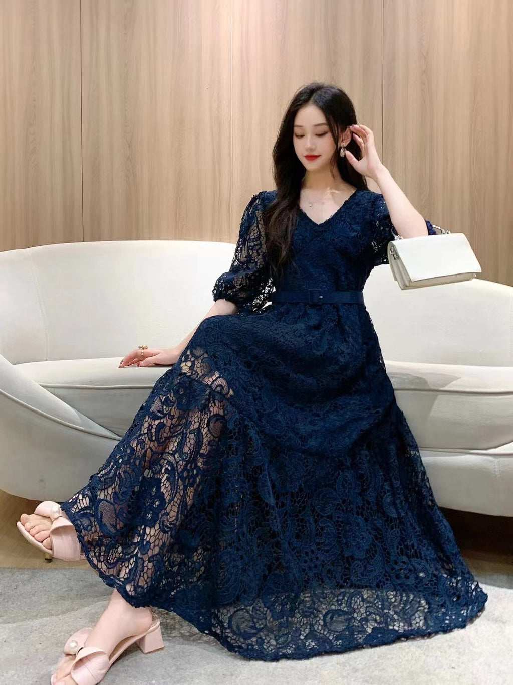 Lace Hollow Crochet Long Sleeve Dress for Autumn