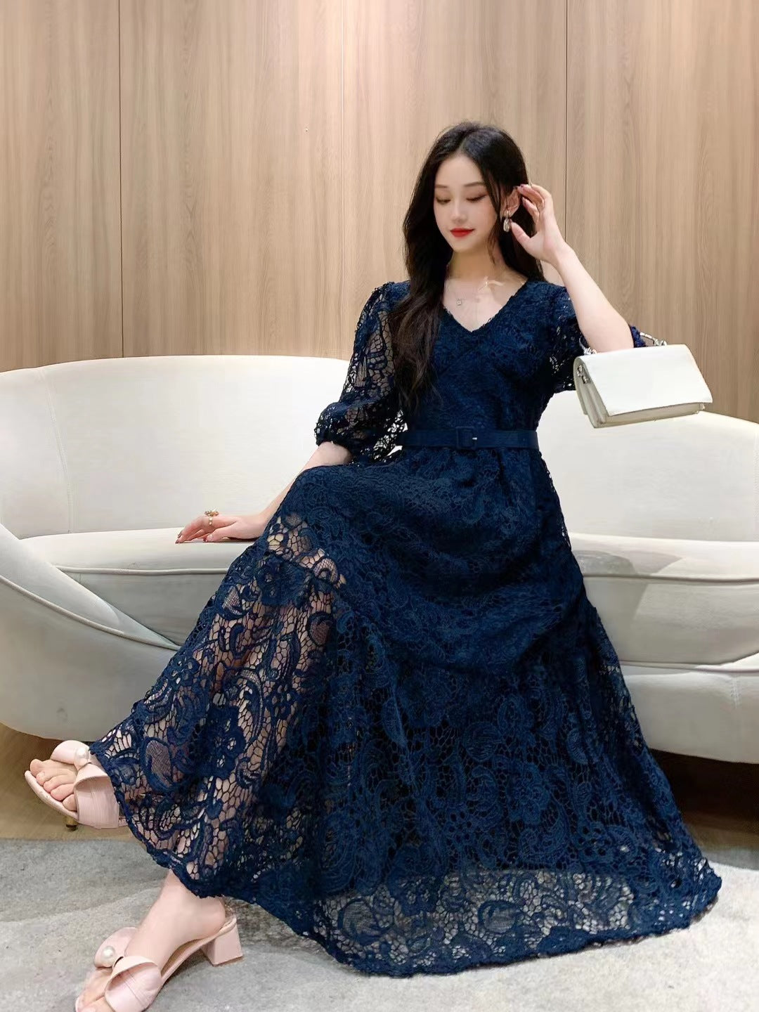 Lace Hollow Crochet Long Sleeve Dress for Autumn