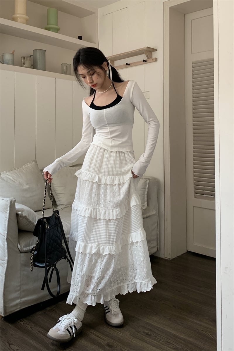 3D Crochet Hollow Out Loose High Waist Skirt
