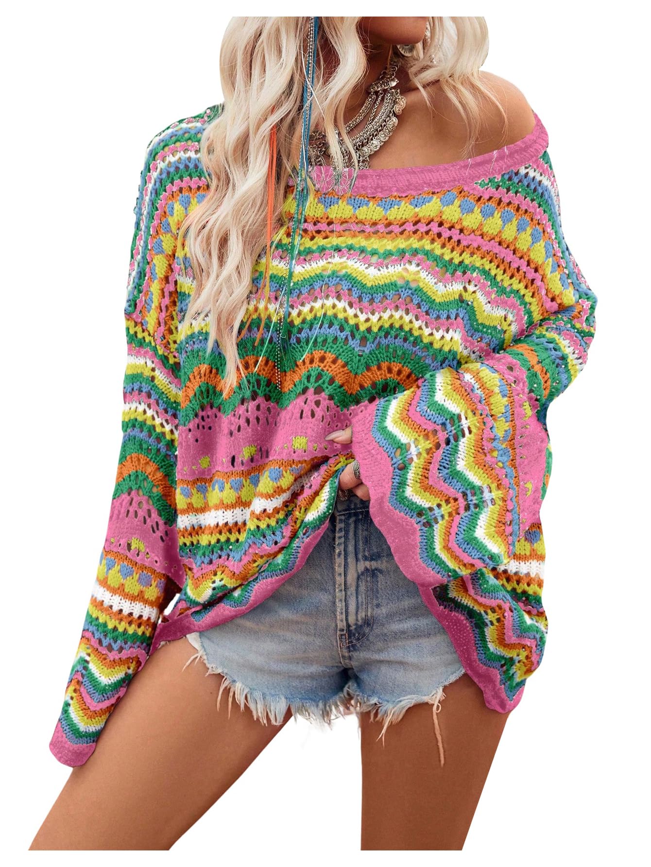 Floerns Womens Colorful Sweater Crochet Open Knit Long Sleeve Drop Shoulder Oversized Sweater Green Multi Medium