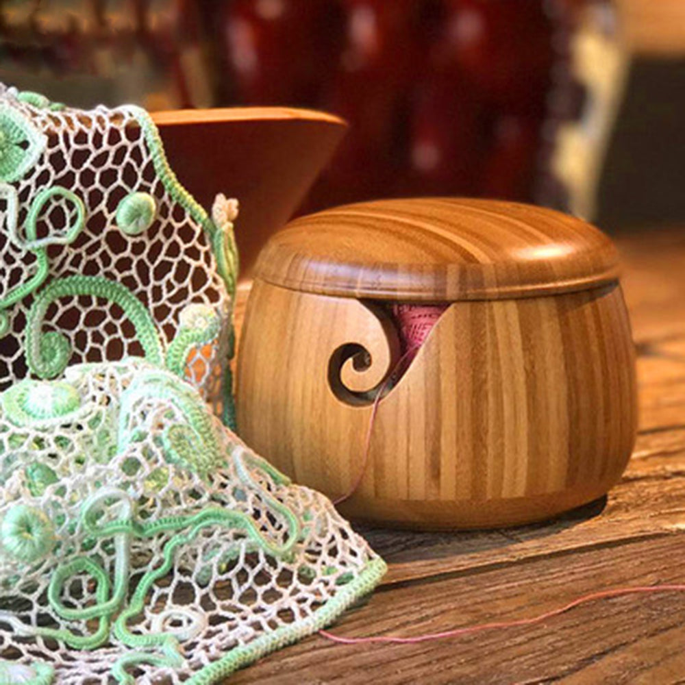 Handmade Wooden Yarn Bowl with Lid for Crochet Storage