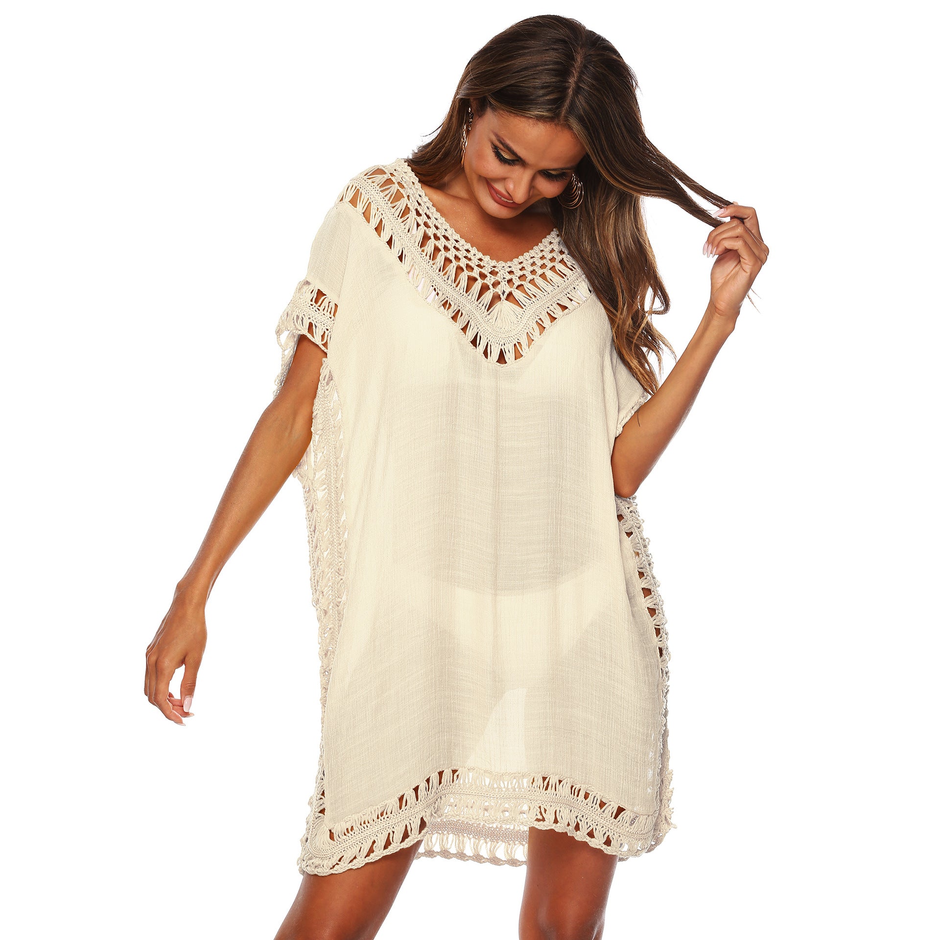 Solid Color V-Neck Crochet Beach Cover-Up Dress A1965