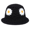 Daisy Flower Crochet Bucket Hat Packable Short Brim Knit Fisherman Hat for Women (Black)