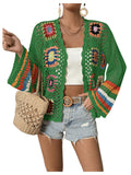 SHENHE Womens Floral Crochet Cardigan Hollow Out Open Front Long Sleeve Cardigan Sweater Green S