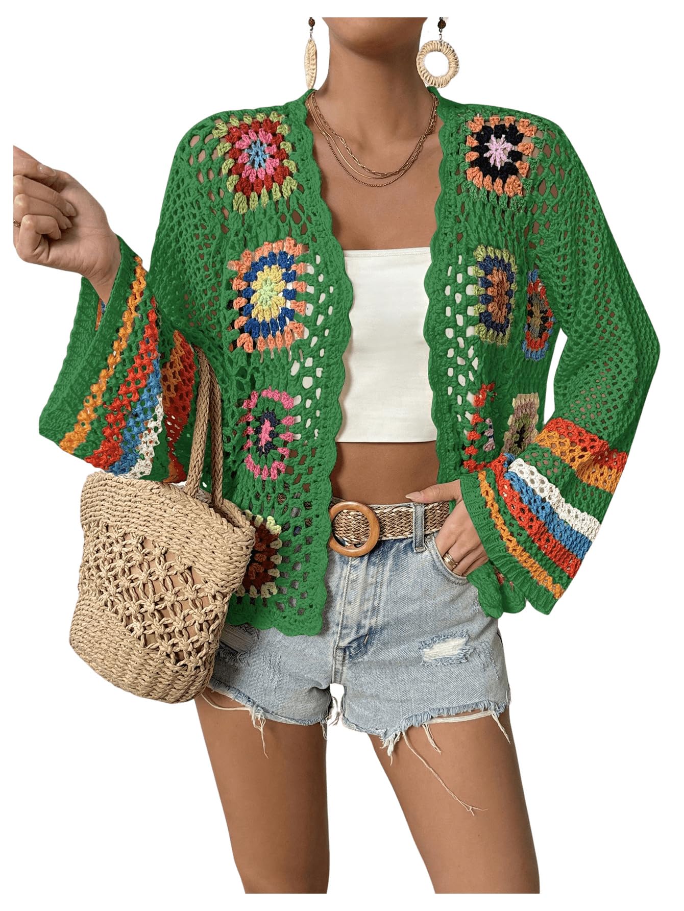 SHENHE Womens Floral Crochet Cardigan Hollow Out Open Front Long Sleeve Cardigan Sweater Green S